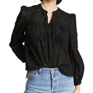 Madewell - Eyelet Double-Tie Black Cotton Long Sleeve Peasant Top - XXL